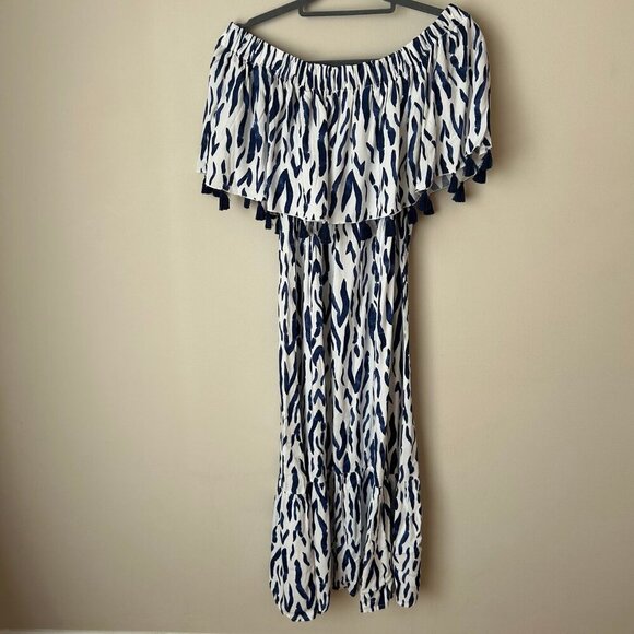 La Mer Luxe Off The Shoulder Navy Blue White Pattern Maxi Dress Size Small - Picture 6 of 7
